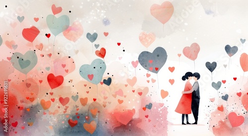 Loving Couple Embracing Among Colorful Heart Balloons in a Dreamy Setting