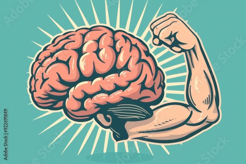 Illustration of a brain flexing a muscular arm, symbolizing mental strength and intelligence.