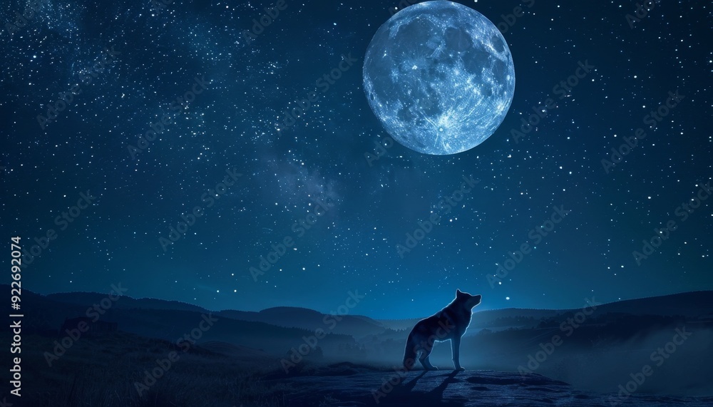 Majestic Wolf Howling at the Full Moon in Starry Night Majestic Wolf Howling at the Full Moon in Starry Night