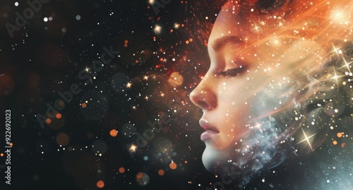 Cosmic Reflection: Profile of a Woman Surrounded by Nebulas and Stars in a Dr...