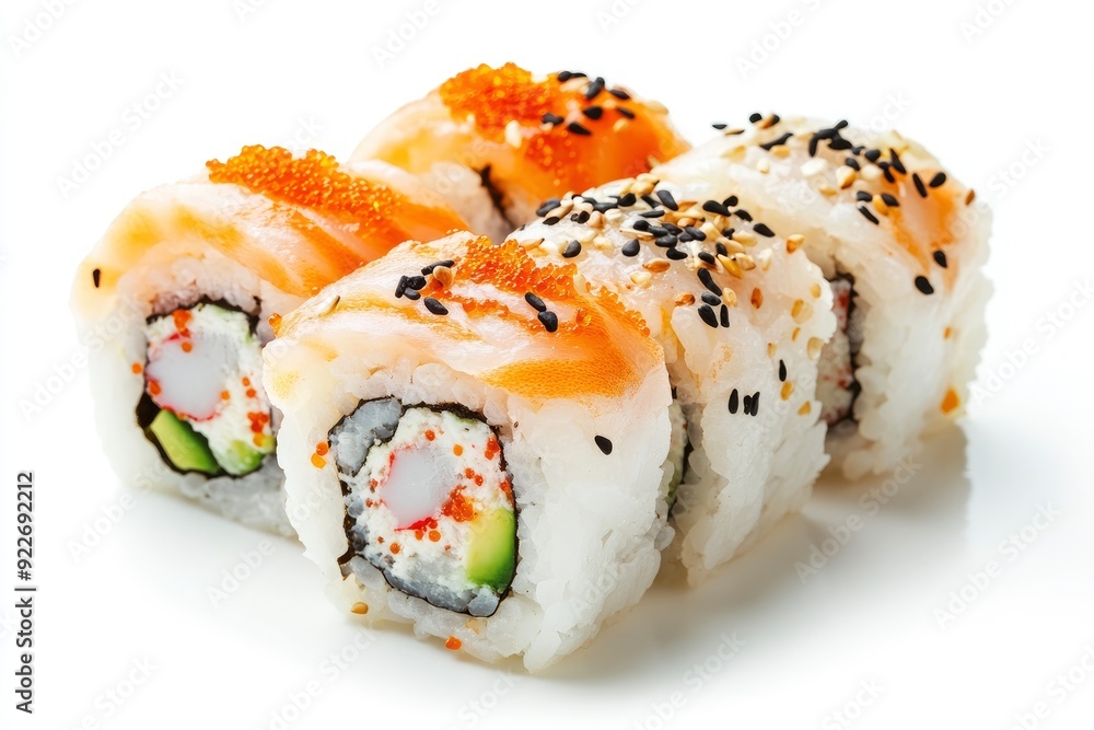 Sushi roll isolated on white background, Traditional Japanese food - generative ai Sushi roll isolated on white background, Traditional Japanese food - generative ai