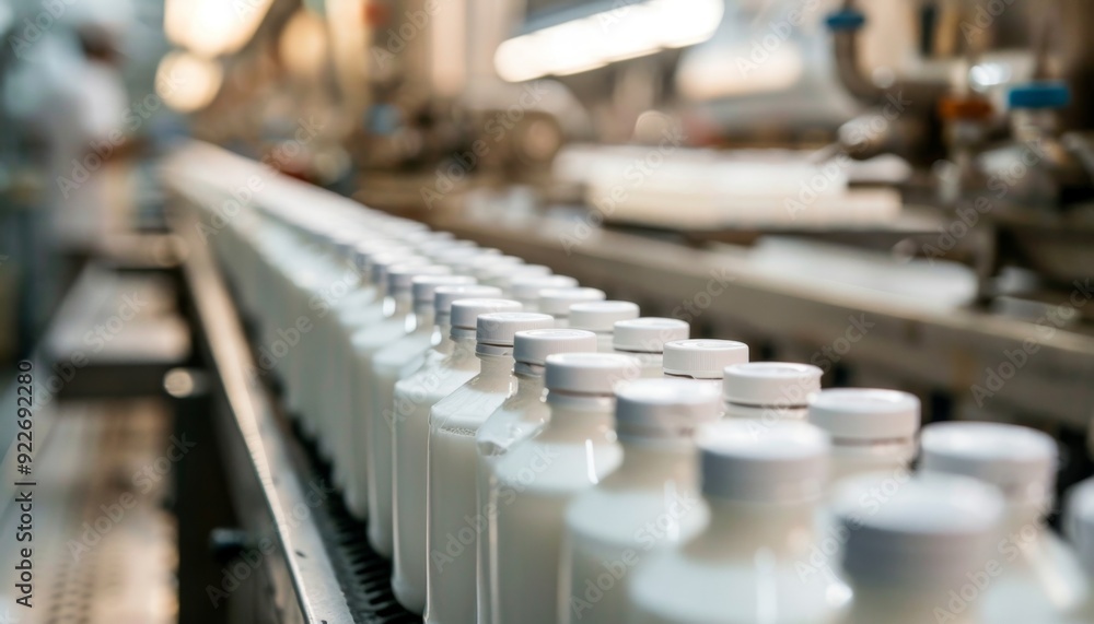 White Plastic Bottles on Conveyor Belt in Industrial Facility White Plastic Bottles on Conveyor Belt in Industrial Facility