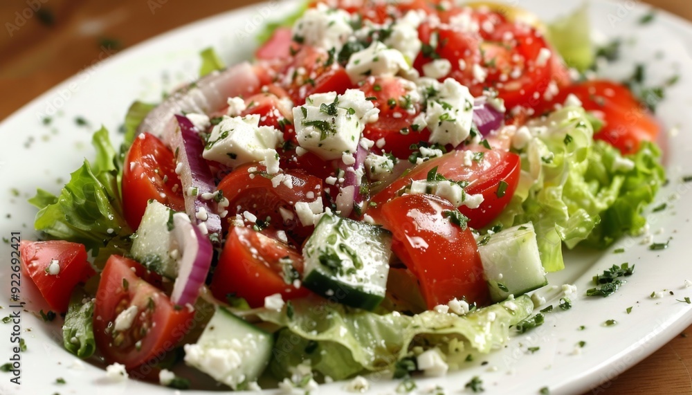 Fresh Greek Salad Close-Up with Juicy Tomatoes and Feta Cheese. Greek Wedge Salad Fresh Greek Salad Close-Up with Juicy Tomatoes and Feta Cheese. Greek Wedge Salad