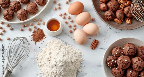 Eggs, Nuts, and Flour Prepared for Baking on a Marble Countertop