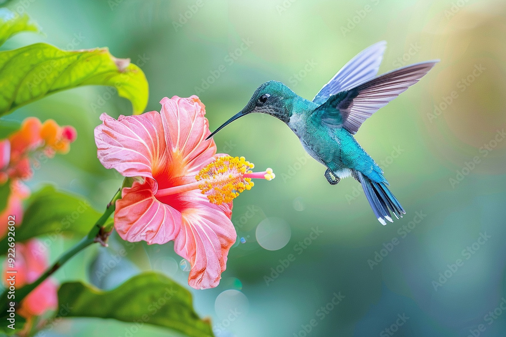 Fototapeta premium Hummingbird Feeding on a Hibiscus Flower