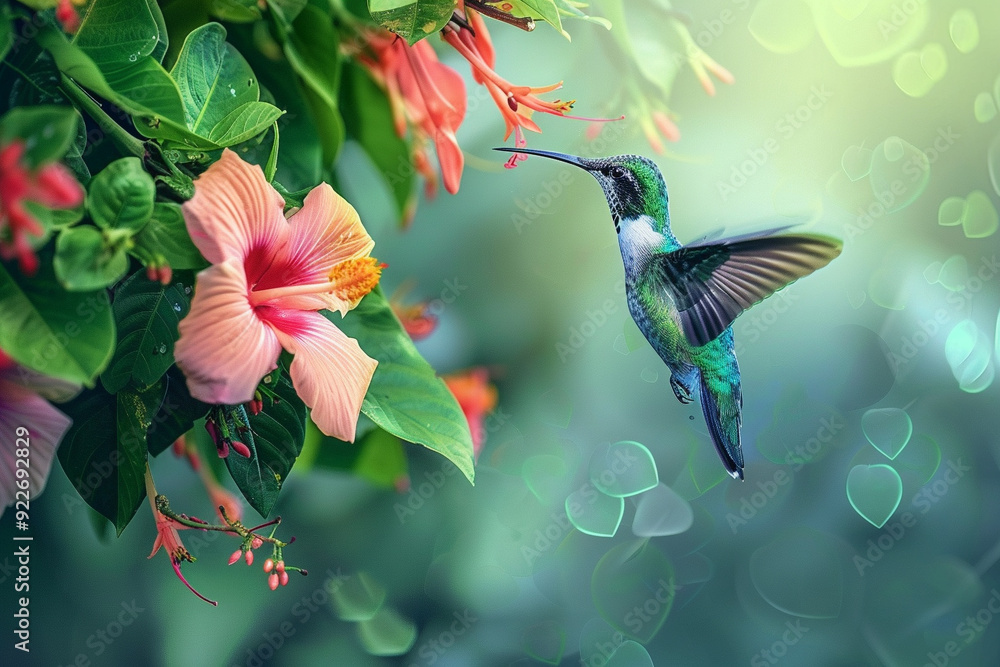 Hummingbird in Flight Amongst Flowers Hummingbird in Flight Amongst Flowers