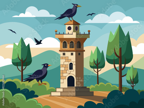 Mignon Oiseau Tour Choucas Chough Ensemble Corbeau Vecteur Dessin Animé 
