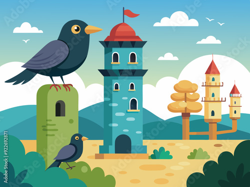 Mignon Oiseau Tour Choucas Chough Ensemble Corbeau Vecteur Dessin Animé 
