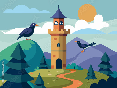Mignon Oiseau Tour Choucas Chough Ensemble Corbeau Vecteur Dessin Animé 
