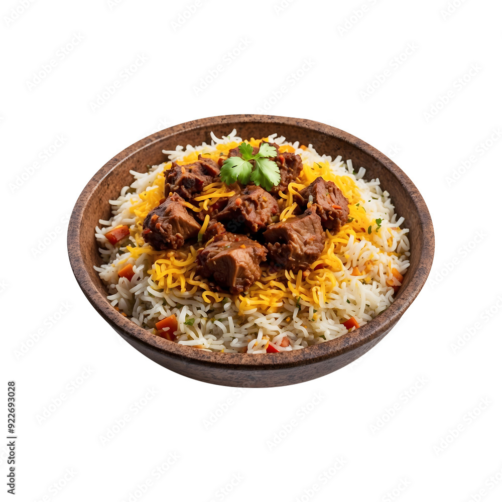 A Hot Traditionally Spicy Delicious Beef Biryani Isolated on a Transparent Background. Ramadan dinner, spicy, indian food, Iftar meal, A Hot Traditionally Spicy Delicious Beef Biryani Isolated on a Transparent Background. Ramadan dinner, spicy, indian food, Iftar meal,