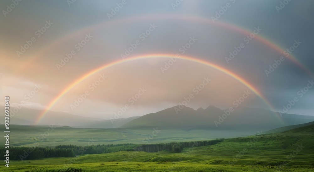Triple Rainbow Arching Over Lush Green Hills at Dusk Triple Rainbow Arching Over Lush Green Hills at Dusk