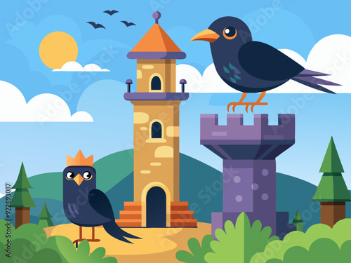 Mignon Oiseau Tour Choucas Chough Ensemble Corbeau Vecteur Dessin Animé 
