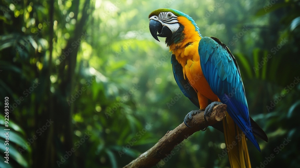 A vibrant macaw perched on a branch in a lush tropical setting. Its bright blue and yellow feathers stand out against the green foliage. This image captures wildlife in nature beautifully. AI A vibrant macaw perched on a branch in a lush tropical setting. Its bright blue and yellow feathers stand out against the green foliage. This image captures wildlife in nature beautifully. AI