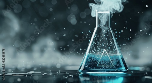 Blue Liquid in Glass Flask With Vapor on Dark Background in Laboratory Setting