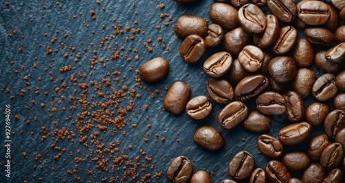 Freshly Roasted Coffee Beans And Grounds On Dark Stone Surface