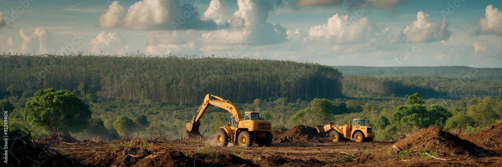 Obraz premium Heavy machinery operates to clear land in forested area, indicating ongoing deforestation efforts