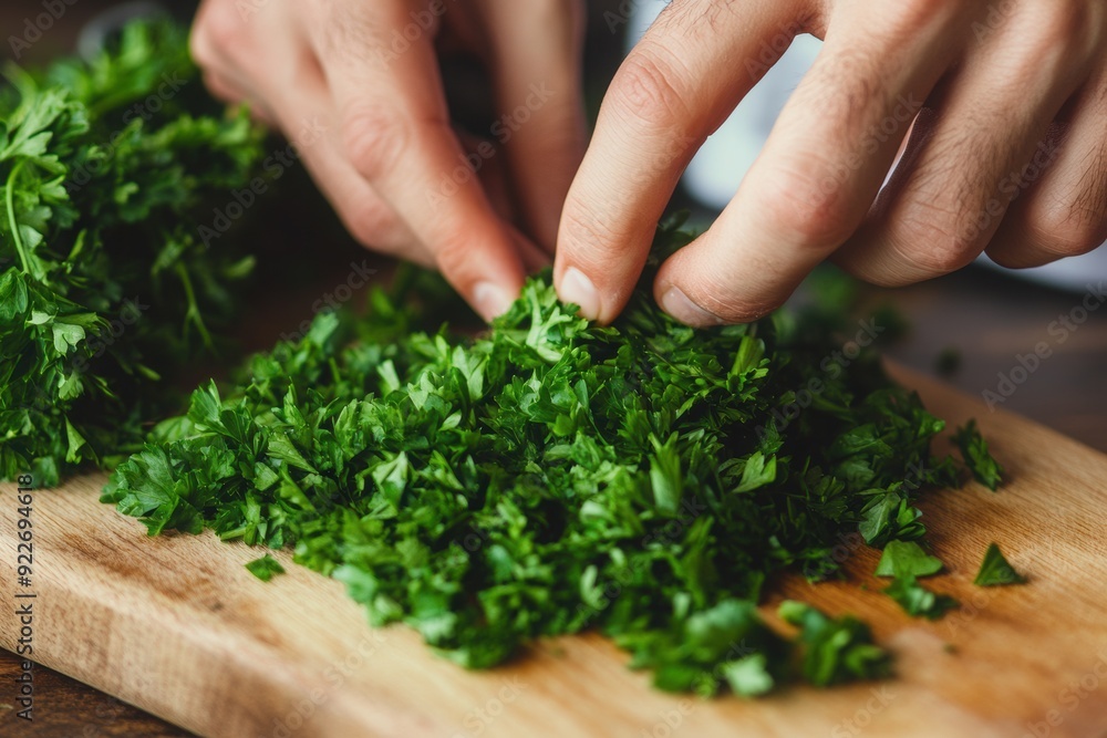 Hands with fresh parsley on wooden cutting board Hands with fresh parsley on wooden cutting board