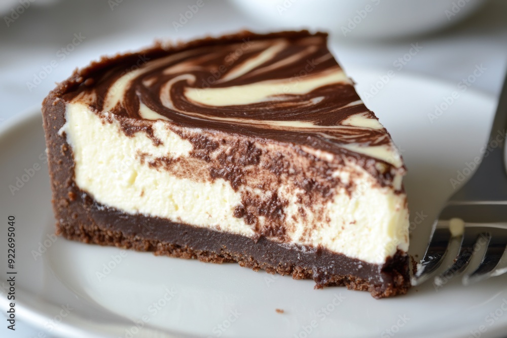 Slice of marble cheesecake with chocolate swirl on plate Slice of marble cheesecake with chocolate swirl on plate