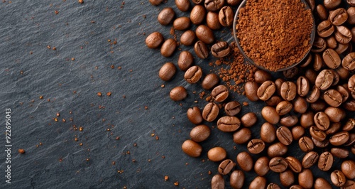 Freshly Roasted Coffee Beans And Grounds On Dark Stone Surface