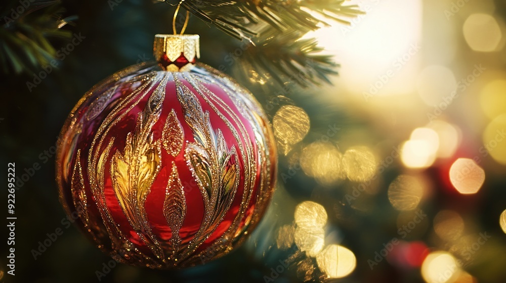 Red and Gold Christmas Ornament Hanging on a Tree Branch Red and Gold Christmas Ornament Hanging on a Tree Branch