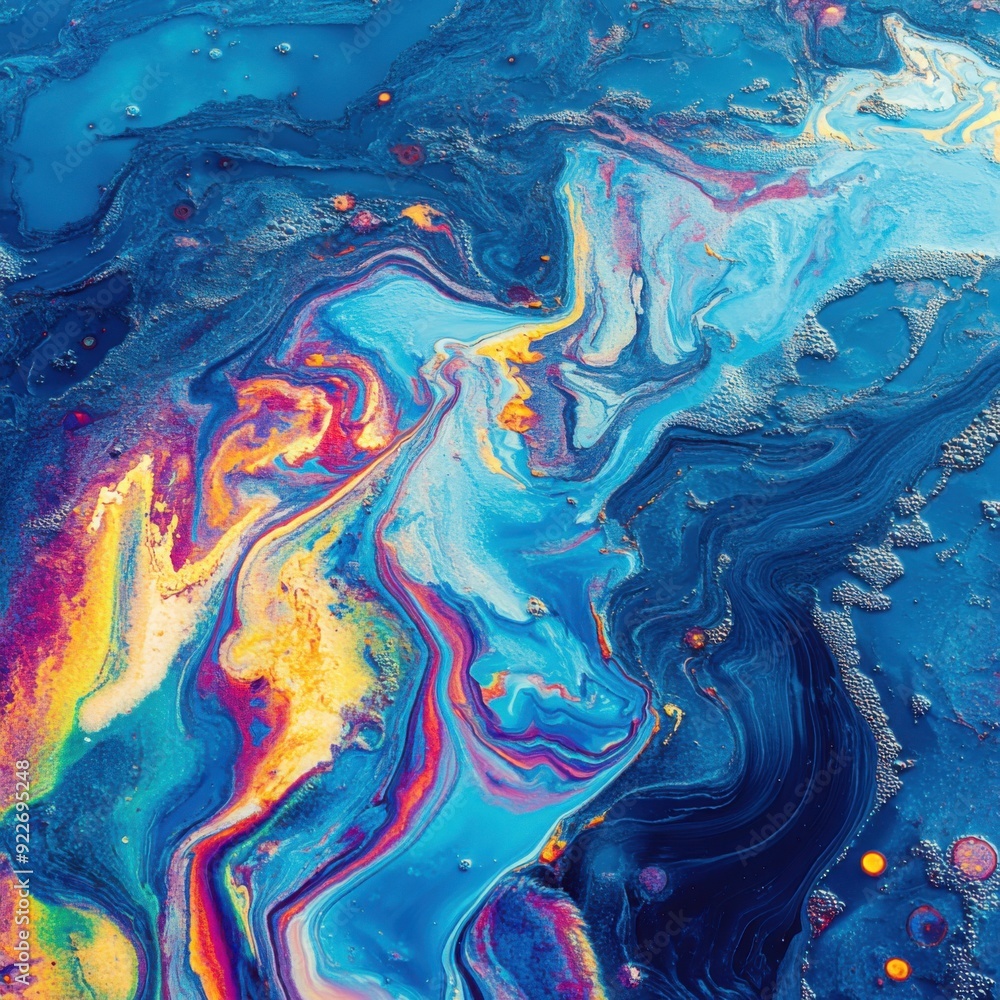 Colorful oil pollution on the surface of water, environmental disaster. The background is blue sea with intricate ripples and waves. Colorful oil pollution on the surface of water, environmental disaster. The background is blue sea with intricate ripples and waves.