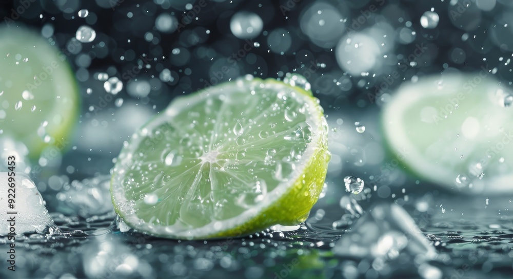 Fresh Lime Slices Surrounded by Water Droplets on Dark Surface Fresh Lime Slices Surrounded by Water Droplets on Dark Surface
