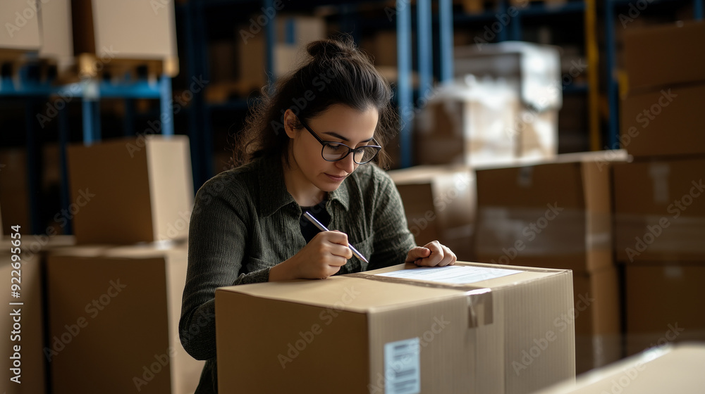 a young woman in a warehouse setting, carefully labeling or writing on a cardboard box, businesswoman, small business owner holding pen writing addressee details on cardboard box a young woman in a warehouse setting, carefully labeling or writing on a cardboard box, businesswoman, small business owner holding pen writing addressee details on cardboard box