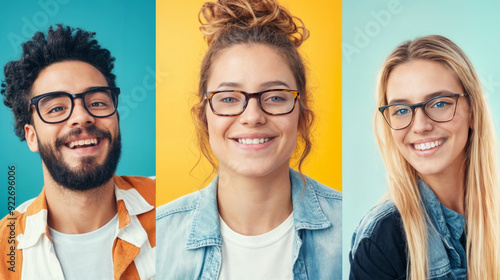Group of three young adults smiling against colorful backgrounds in a cheerful setting