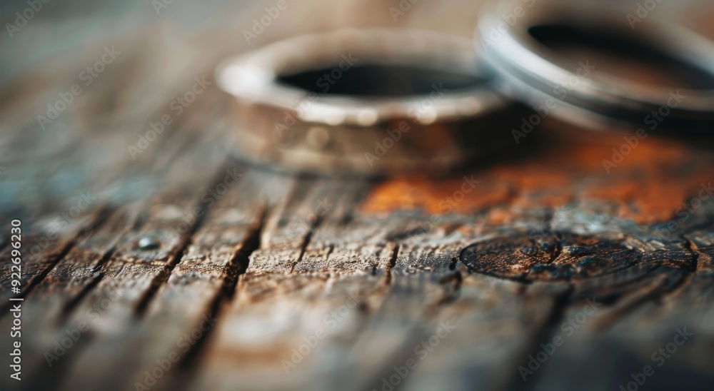 Rustic Wedding Bands Resting on Weathered Wooden Surface Rustic Wedding Bands Resting on Weathered Wooden Surface