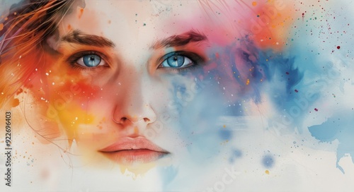Colorful Abstract Portrait of a Young Woman With Blue Eyes and Soft Features