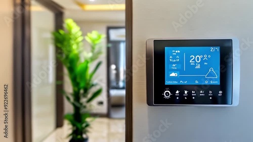 smart home thermostat with digital display set to 21°C. device is mounted on wall in modern home, highlighting various control options for temperature and home automation.system on intelligence screen