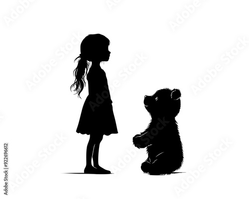 Black Silhouette of a little girl playing with a teddy