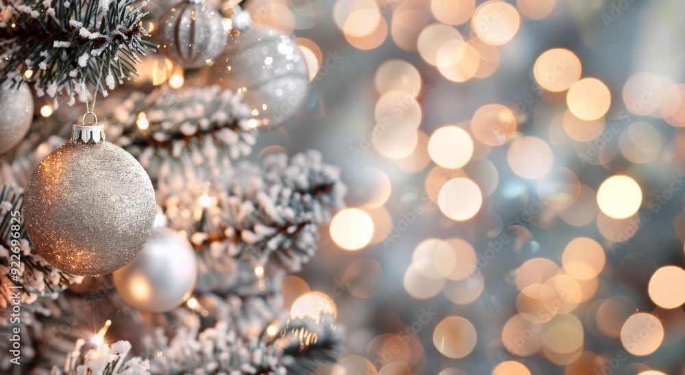 Winter Holiday Decorations on a Frosted Christmas Tree With Blurred Lights Winter Holiday Decorations on a Frosted Christmas Tree With Blurred Lights