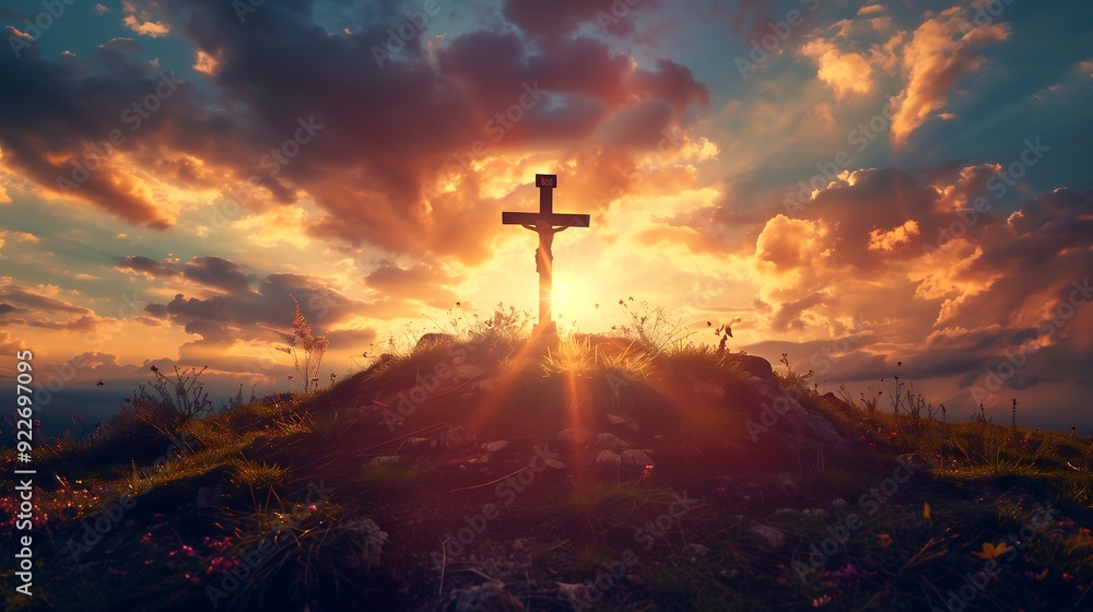 Man with Outstretched Arms on Mountain Peak at Sunrise Man with Outstretched Arms on Mountain Peak at Sunrise
