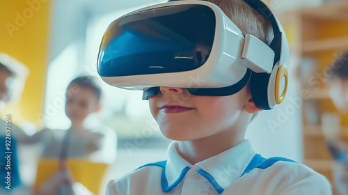 Retrato de estudante com headset VR na cabeça. Crianças aprendendo robótica na escola primária, usando tecnologia moderna, realidade virtual. photo