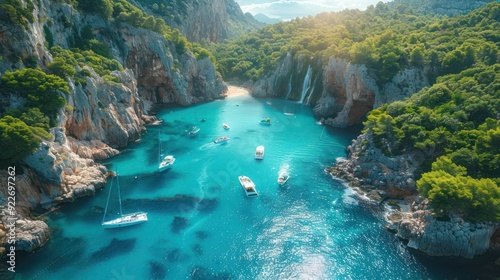 Aerial shot of a stunning blue lagoon on a hot summer day, with a sailboat gliding through the crystal-clear waters. The top view tranquility of this tropical paradise