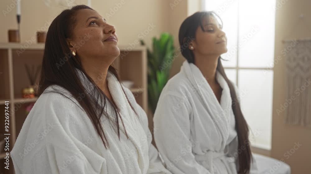 Woman and daughter in spa robes relaxing together in a wellness center, representing female bonding, family love, and tranquility in an indoor setting with a serene atmosphere. Woman and daughter in spa robes relaxing together in a wellness center, representing female bonding, family love, and tranquility in an indoor setting with a serene atmosphere.