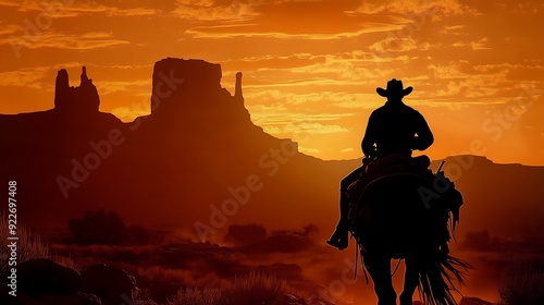 Silhouettes of Cowboys Riding Horses at Sunset in Desert photo