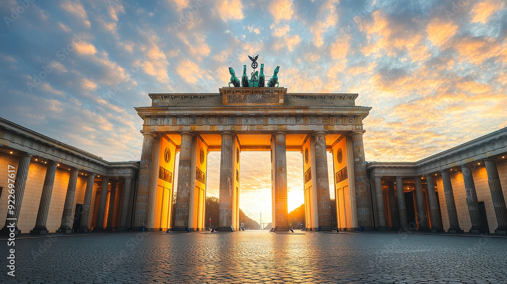 Obraz premium Sunrise at Brandenburger Tor - Iconic Berlin Landmark Illuminated by Golden Morning Light, Capturing Historical Architecture and Tranquil Atmosphere with Clear Sky and Majestic Columns