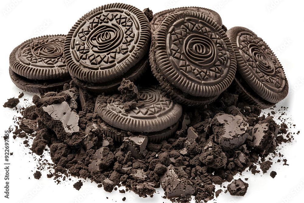 Pile of Chocolate Sandwich Cookies with Crumbled Pieces Pile of Chocolate Sandwich Cookies with Crumbled Pieces