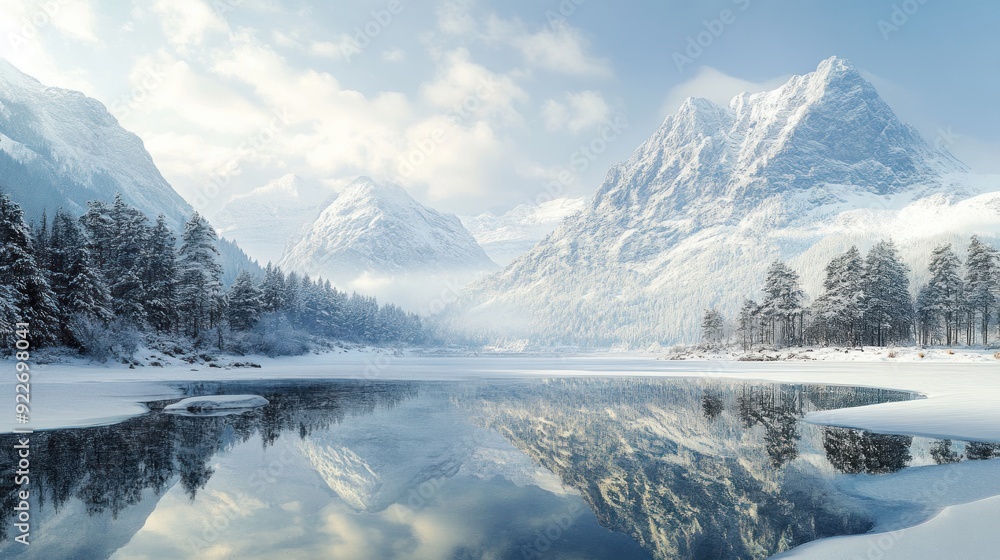 Fototapeta premium Snowy Mountain Range Reflected in a Frozen Lake