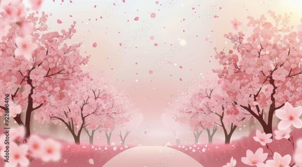 Fototapeta premium Cherry Blossom Pathway in Springtime With Petals Falling in the Breeze