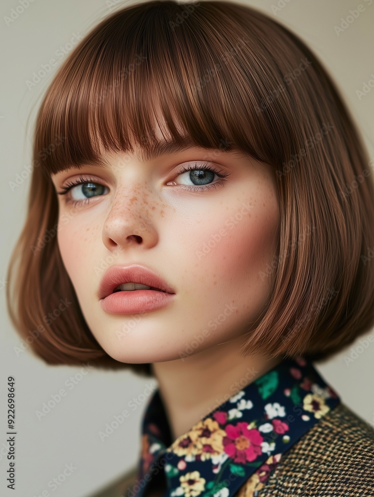 A model with a blunt bob hairstyle, a soft auburn hair color, hair catalogue A model with a blunt bob hairstyle, a soft auburn hair color, hair catalogue