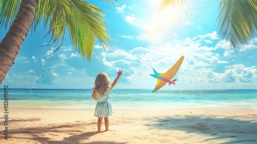 beach, girl, toy, travel, plane, playing, vacation, sunny, palm, trees, childhood, summer, ocean, waves, carefree, fun, sand, tropical, blue, sky, holiday, nature, outdoor, happiness, kid, child, yout photo