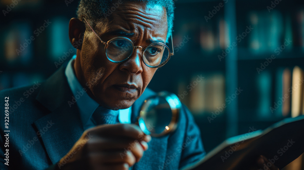 Meticulous Auditor Examining Documents with Magnifying Glass in Office - Audit and Fraud Investigation Concept Meticulous Auditor Examining Documents with Magnifying Glass in Office - Audit and Fraud Investigation Concept
