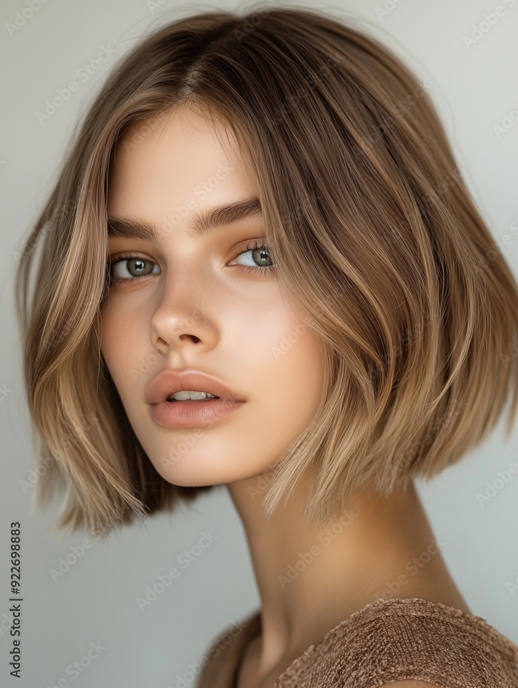 A stylish portrait of a model with dark blonde hair. The hair is cut in a sleek, modern bob A stylish portrait of a model with dark blonde hair. The hair is cut in a sleek, modern bob