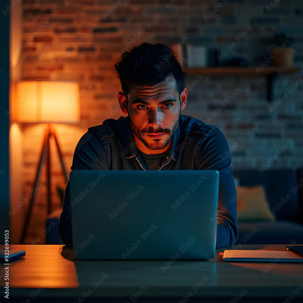 A Young Man Sitting on Chair Using Laptop, Lamp in Background. A Young Man Sitting on Chair Using Laptop, Lamp in Background.