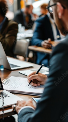 Professionals engage in discussions while taking notes and collaborating during a business meeting at a modern office