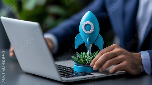 Businessman Holding Rocket Figurine with Laptop in Office photo