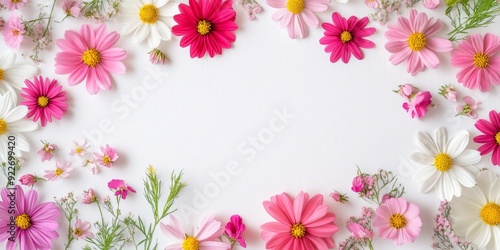 This vibrant mix of cheerful pinks and whites in beautiful flowers frames a blank central space, ideal for stunning invitations, heartfelt cards, or any creative projects you envision